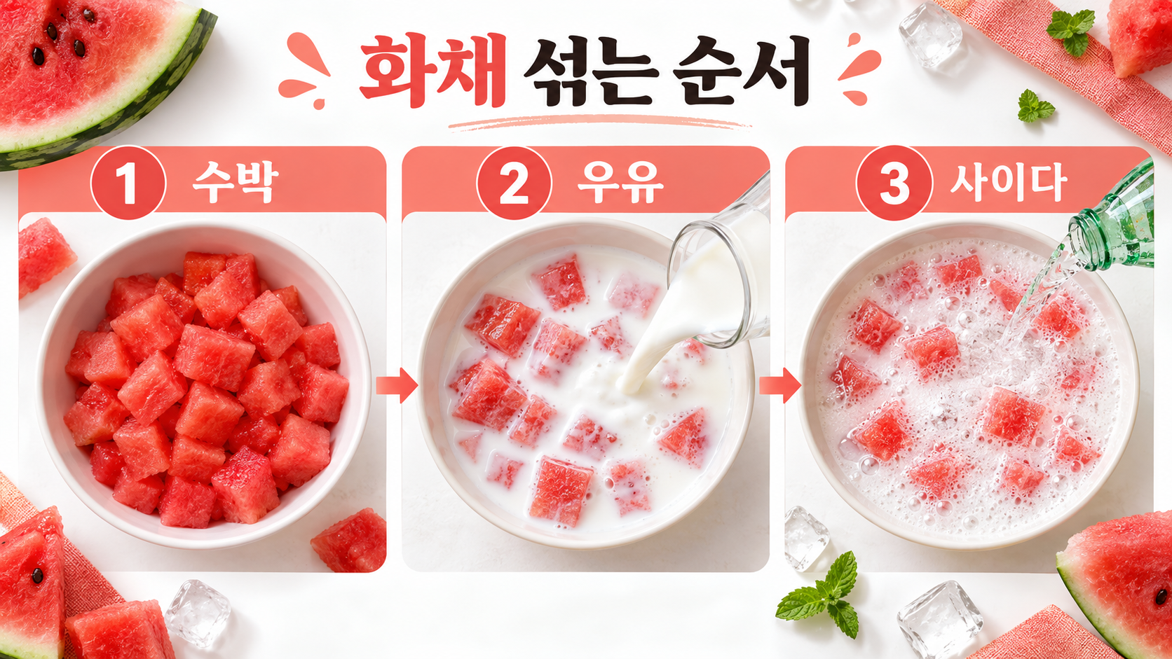 수박 우유 사이다를 차례로 섞는 수박화채 정보카드