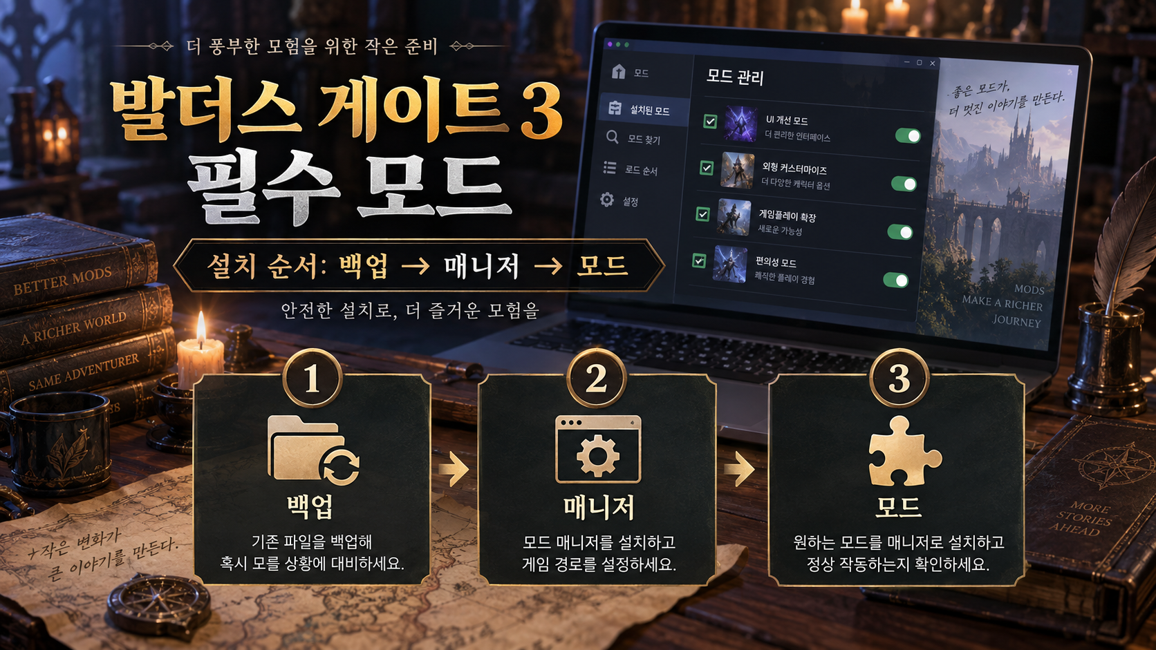발더스 게이트 3 필수 모드 설치 순서를 설명한 정보카드