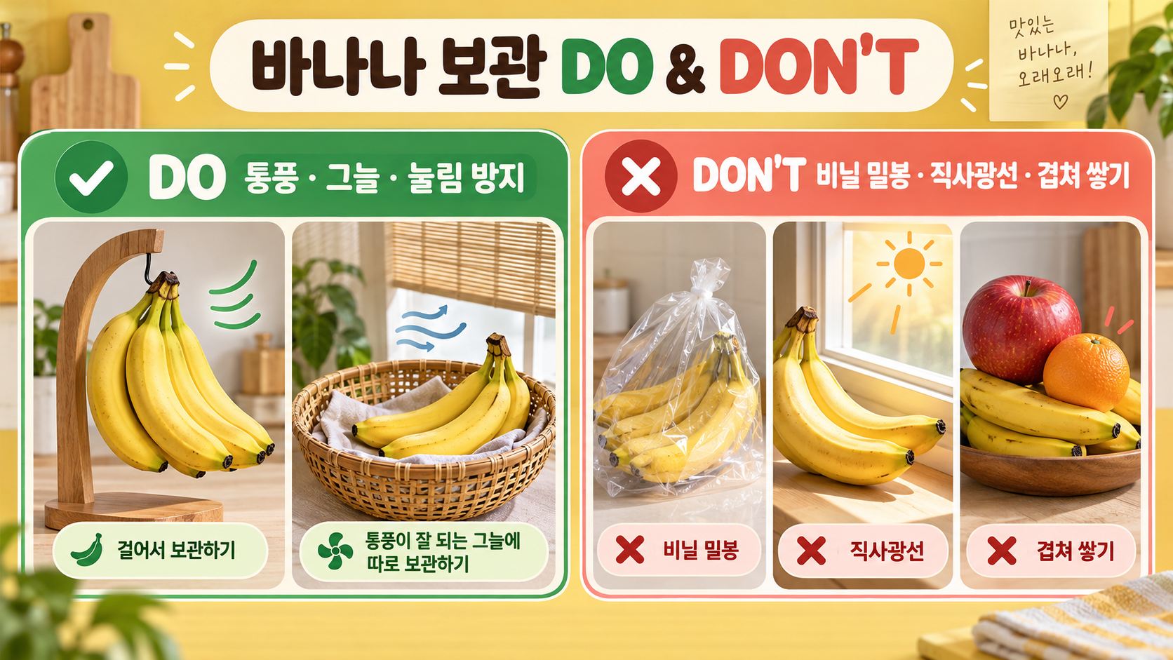 바나나 걸이와 냉장 및 햇빛 금지 표시가 있는 정보카드