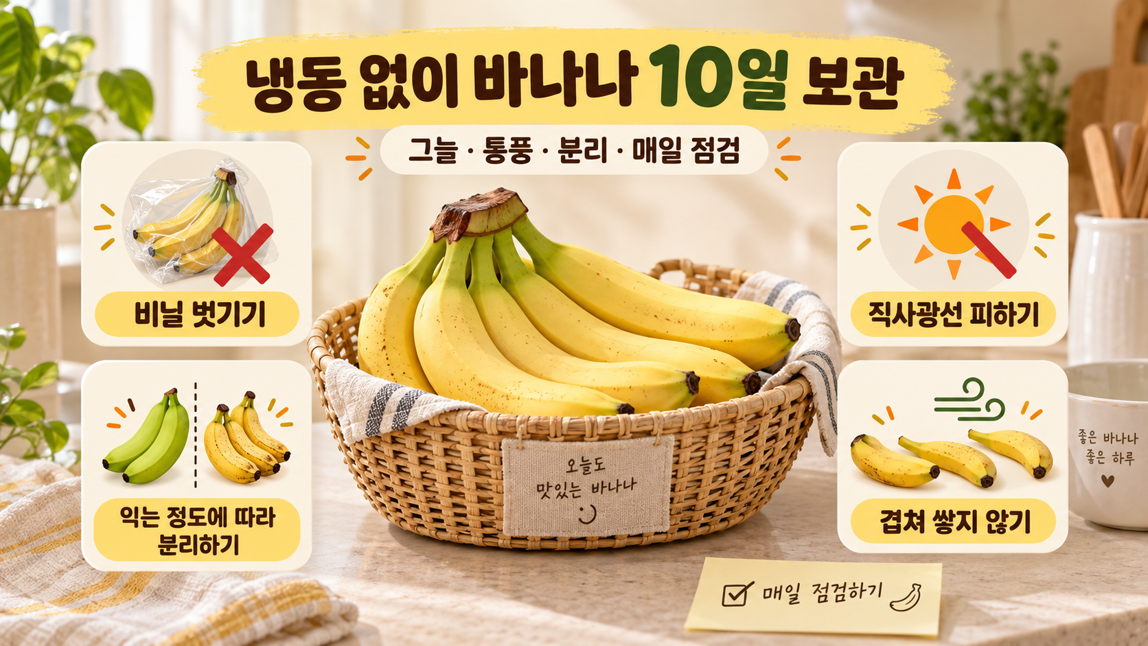종이봉투와 통풍 구멍 옆에 놓인 바나나 보관 정보카드