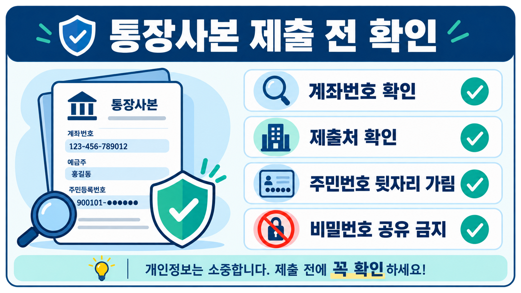 통장사본 제출 전 개인정보와 제출처를 확인하는 체크리스트 카드