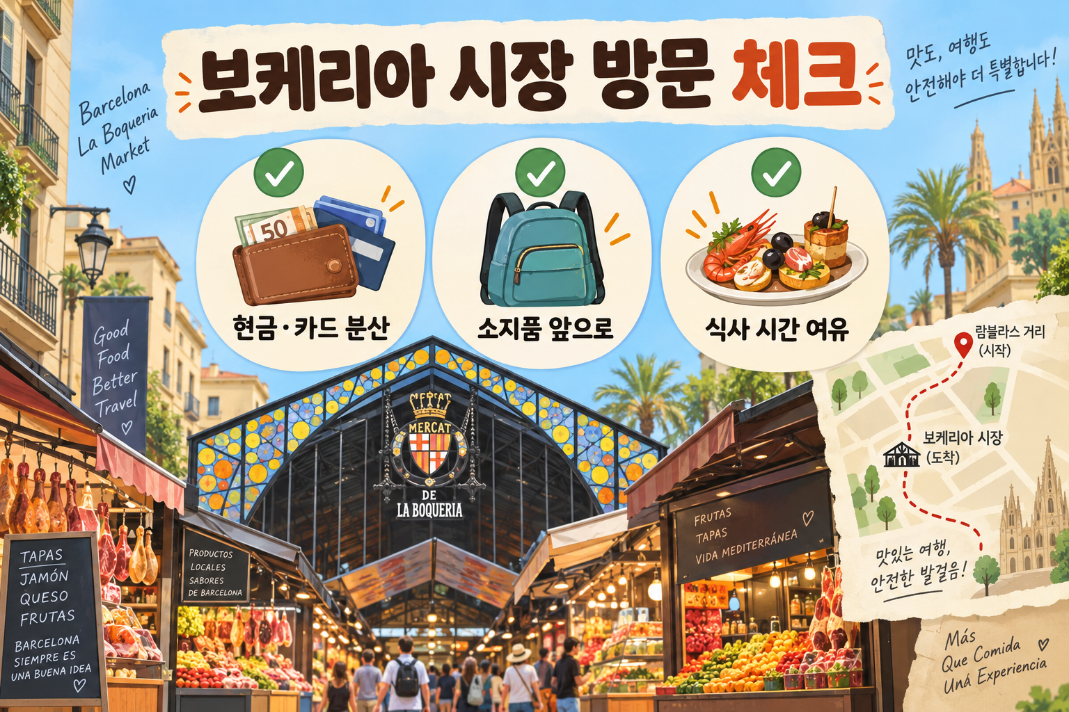 보케리아 시장 방문 전 소지품과 식사 시간 체크 정보카드
