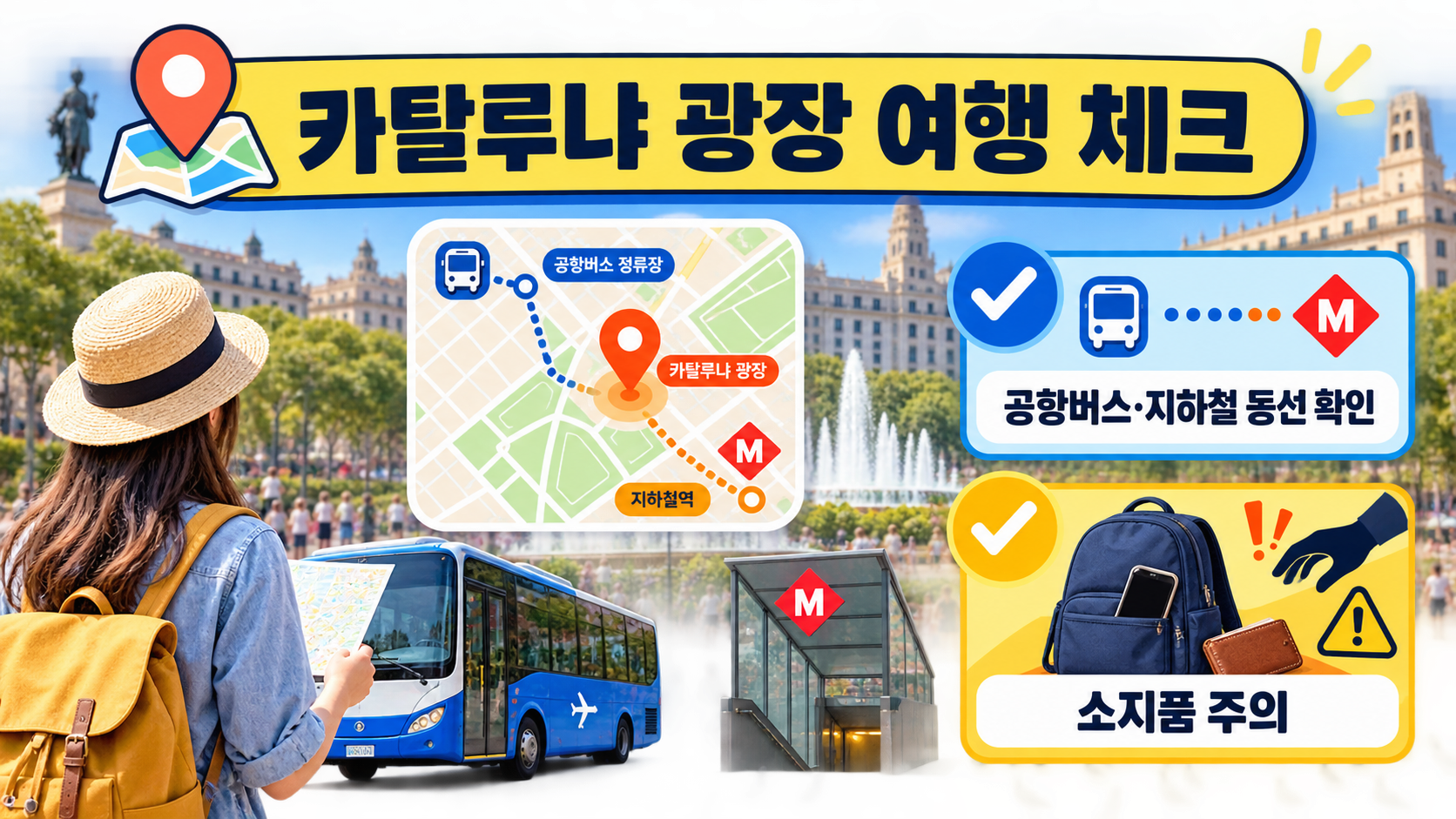 카탈루냐 광장에서 공항버스와 지하철 동선, 소지품 주의를 확인하는 한국어 정보 카드