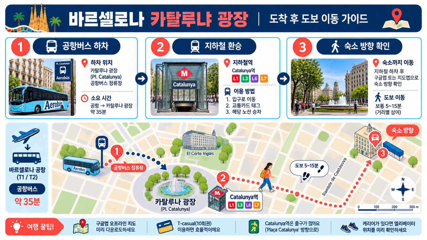 카탈루냐 광장에서 공항버스 하차, 지하철 환승, 숙소 방향 확인 순서를 보여 주는 정보 카드