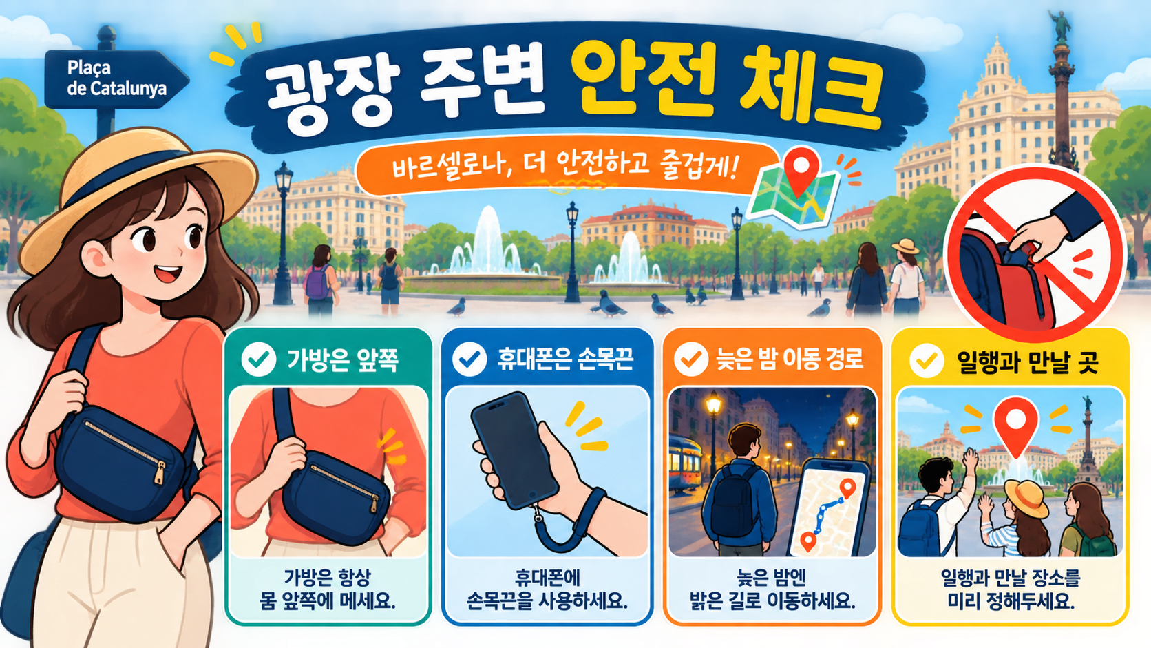 카탈루냐 광장 주변에서 가방과 휴대전화를 안전하게 관리하는 방법을 보여 주는 정보 카드