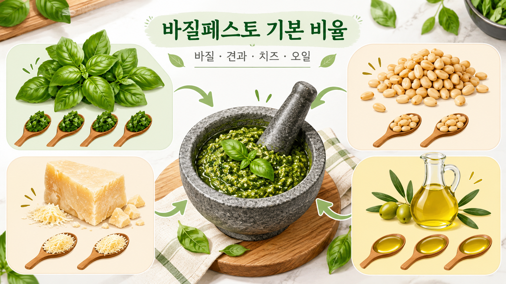 바질, 잣, 치즈와 올리브오일의 페스토 비율을 정리한 한국형 정보카드