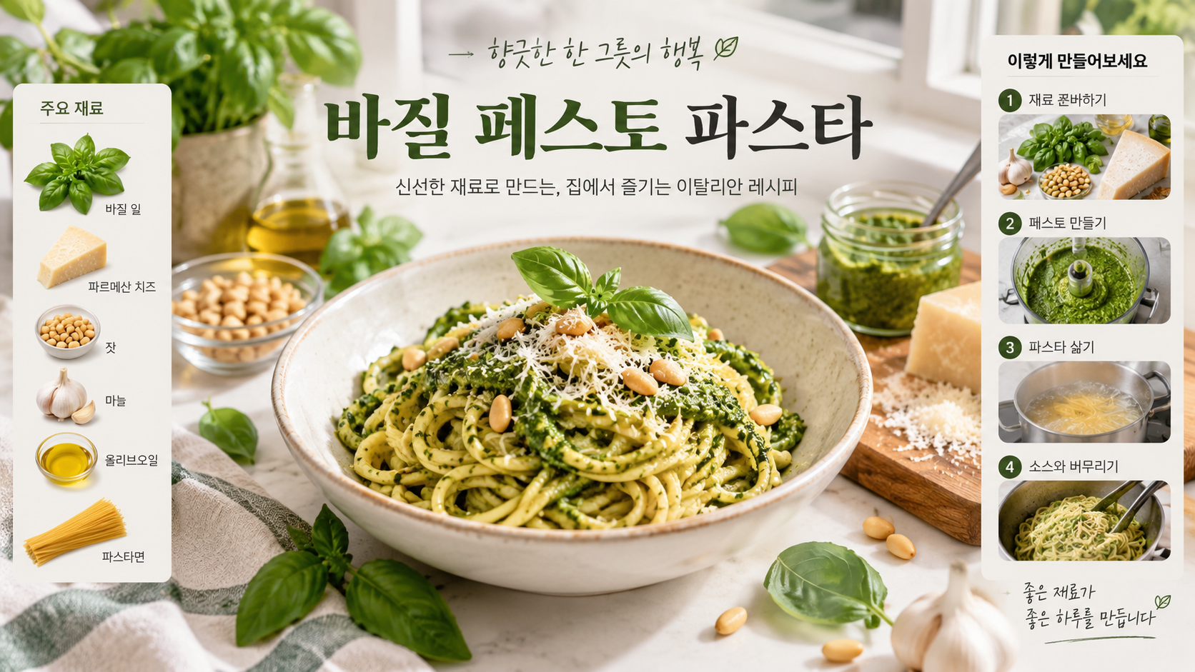 바질페스토 파스타와 바질, 치즈, 잣을 담은 정보 카드