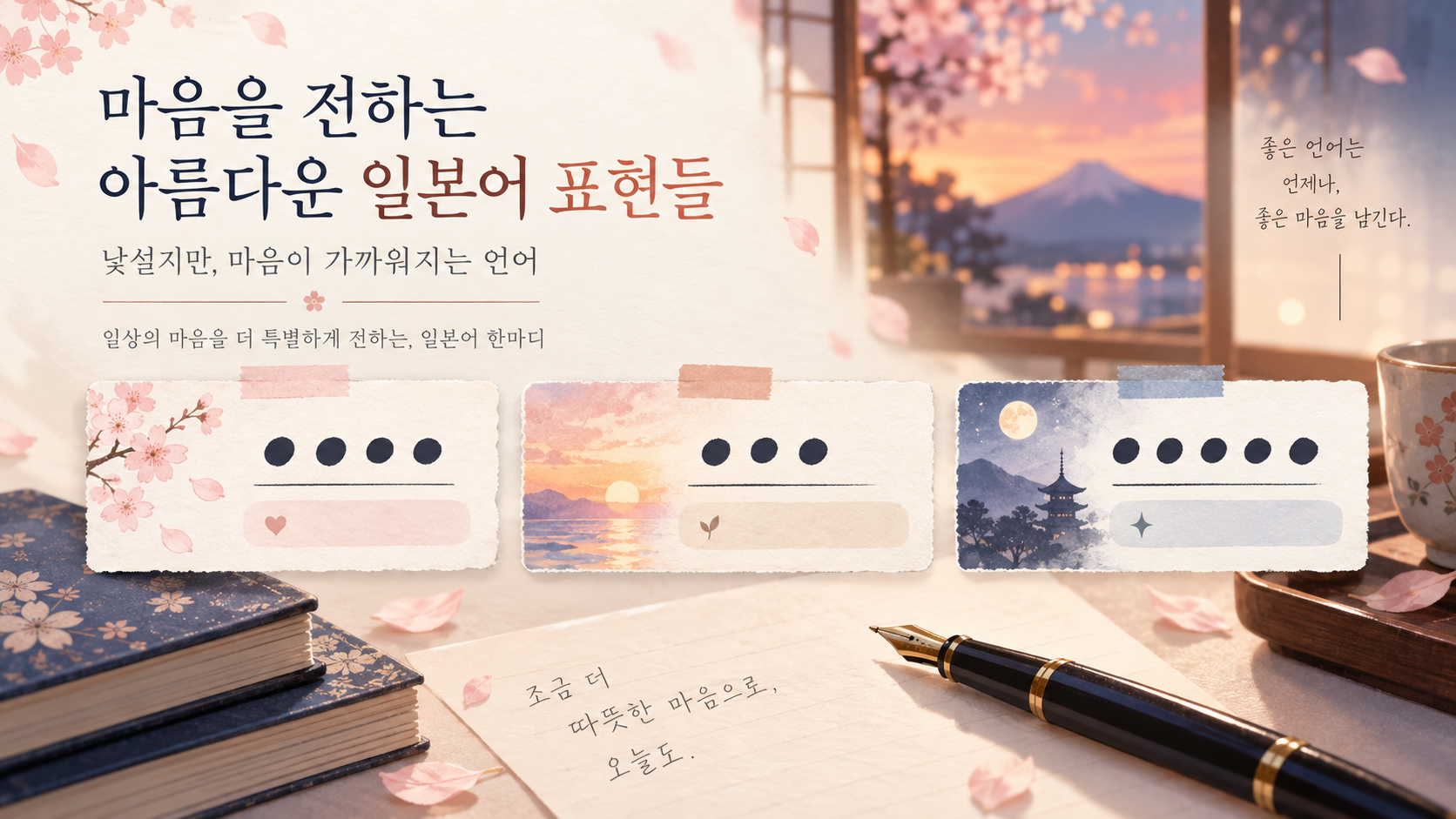 벚꽃과 문구 카드로 구성한 감성 일본어 표현 정보카드