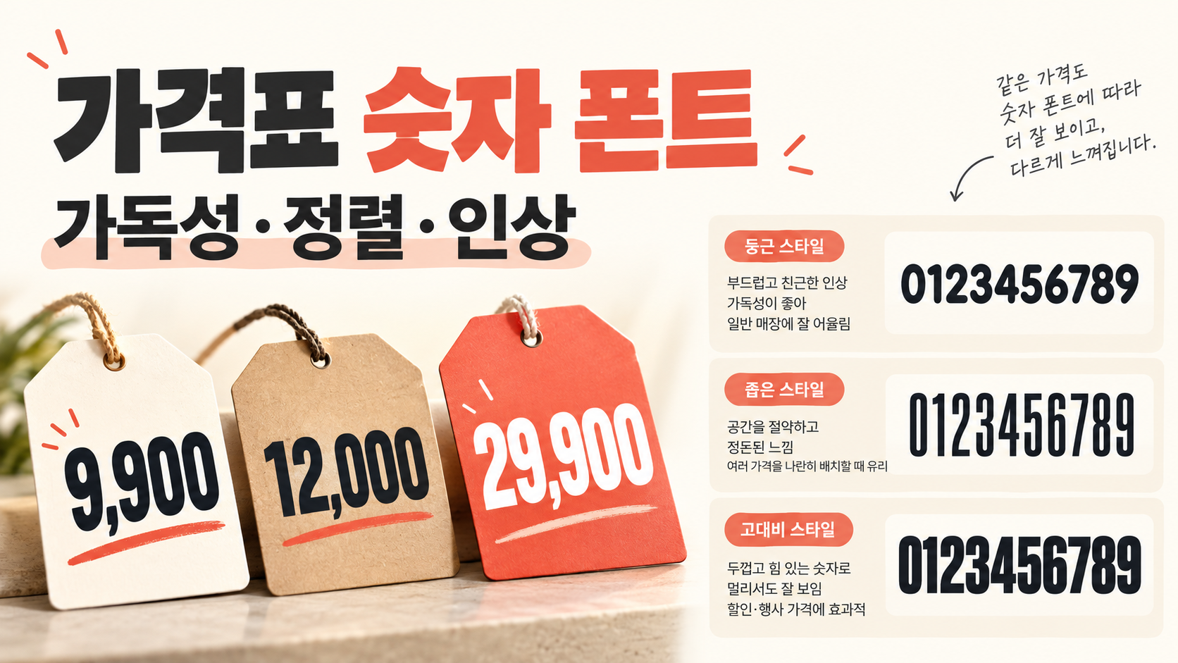 가격표 숫자 폰트와 숫자 스타일 비교 정보카드