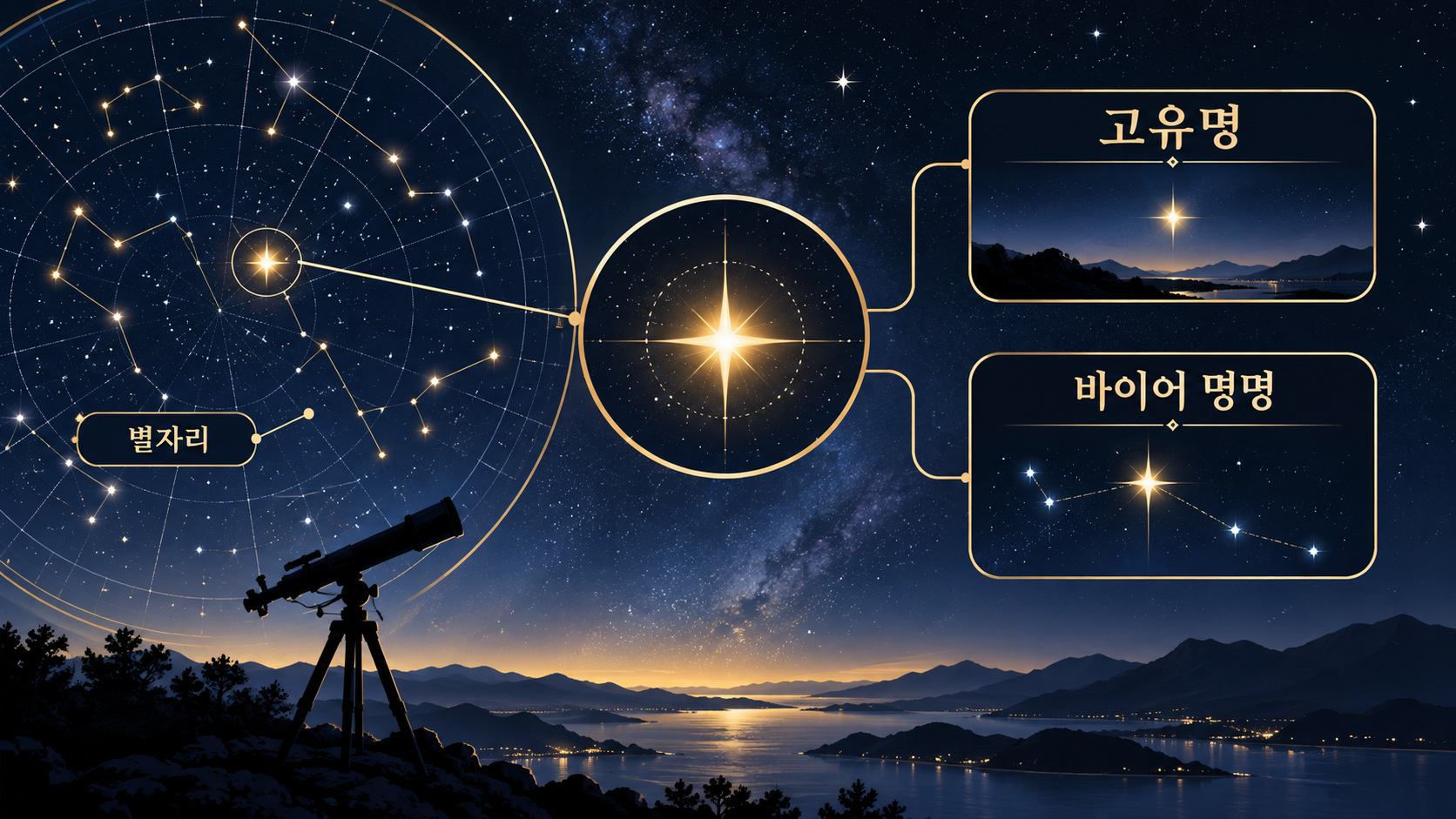 고유명과 바이어 명명을 설명하는 별 이름 정보카드
