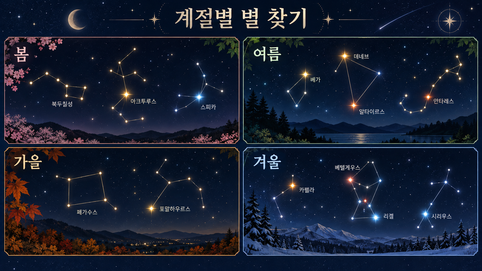 봄 여름 가을 겨울 별자리를 나눈 계절별 별 찾기 정보카드