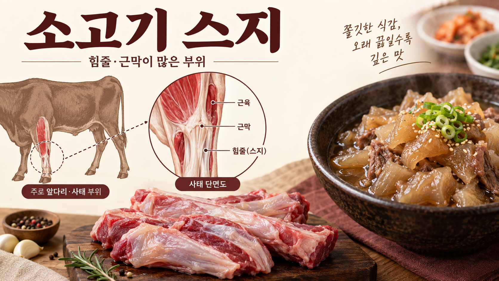 소고기 스지의 위치와 조리된 스지를 보여 주는 정보 카드
