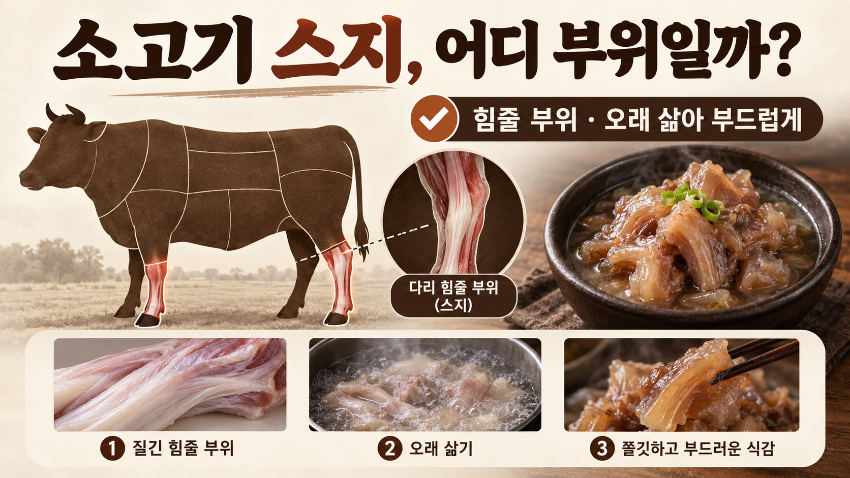 소고기 스지가 어느 부위인지와 오래 삶는 방법을 설명한 정보카드