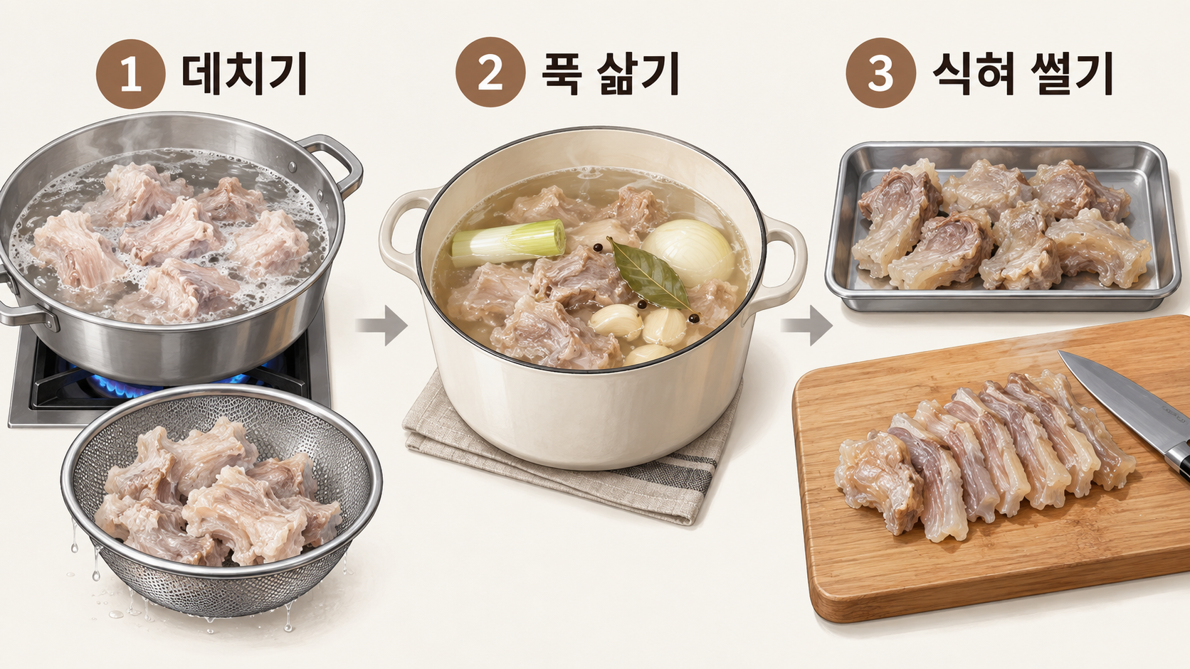 소고기 스지를 데치고 삶아 써는 조리 순서 정보카드