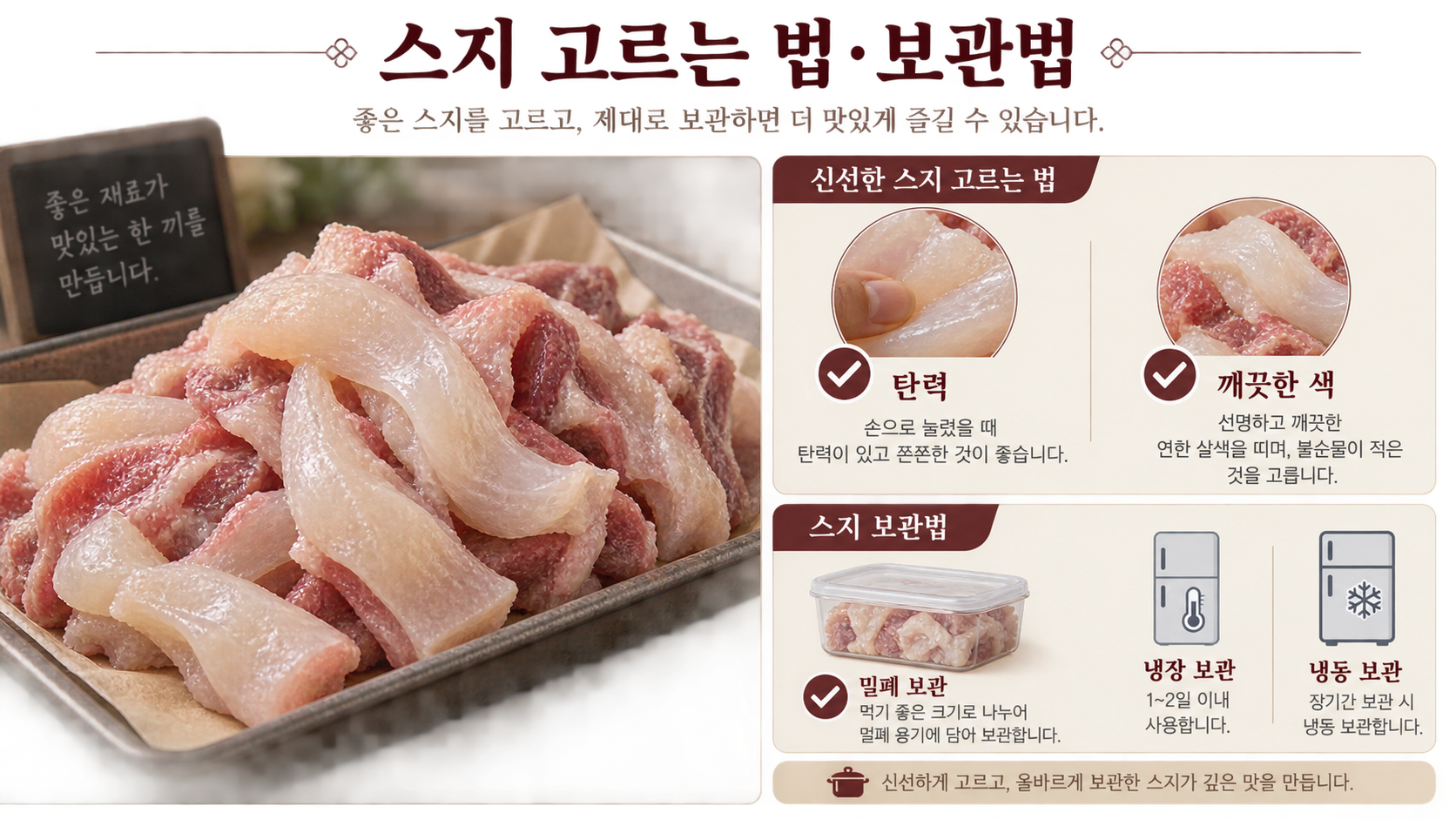 신선한 스지를 고르고 냉장 또는 냉동 보관하는 방법 정보 카드