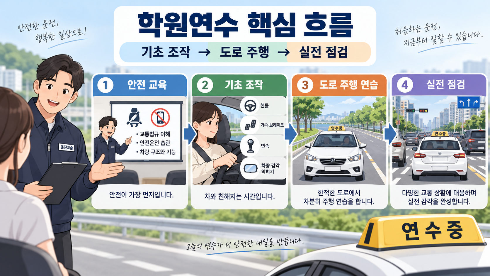 안전 교육부터 도로 주행과 실전 점검까지 학원연수 흐름을 보여 주는 정보 카드