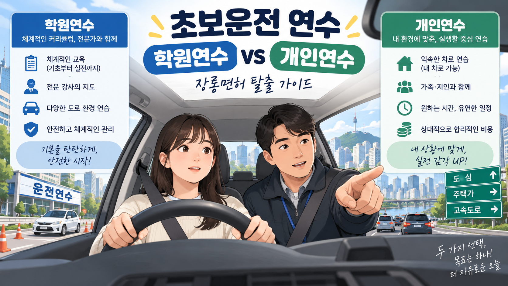 초보 운전자가 강사와 차 안에서 학원연수와 개인연수를 비교하는 정보 카드