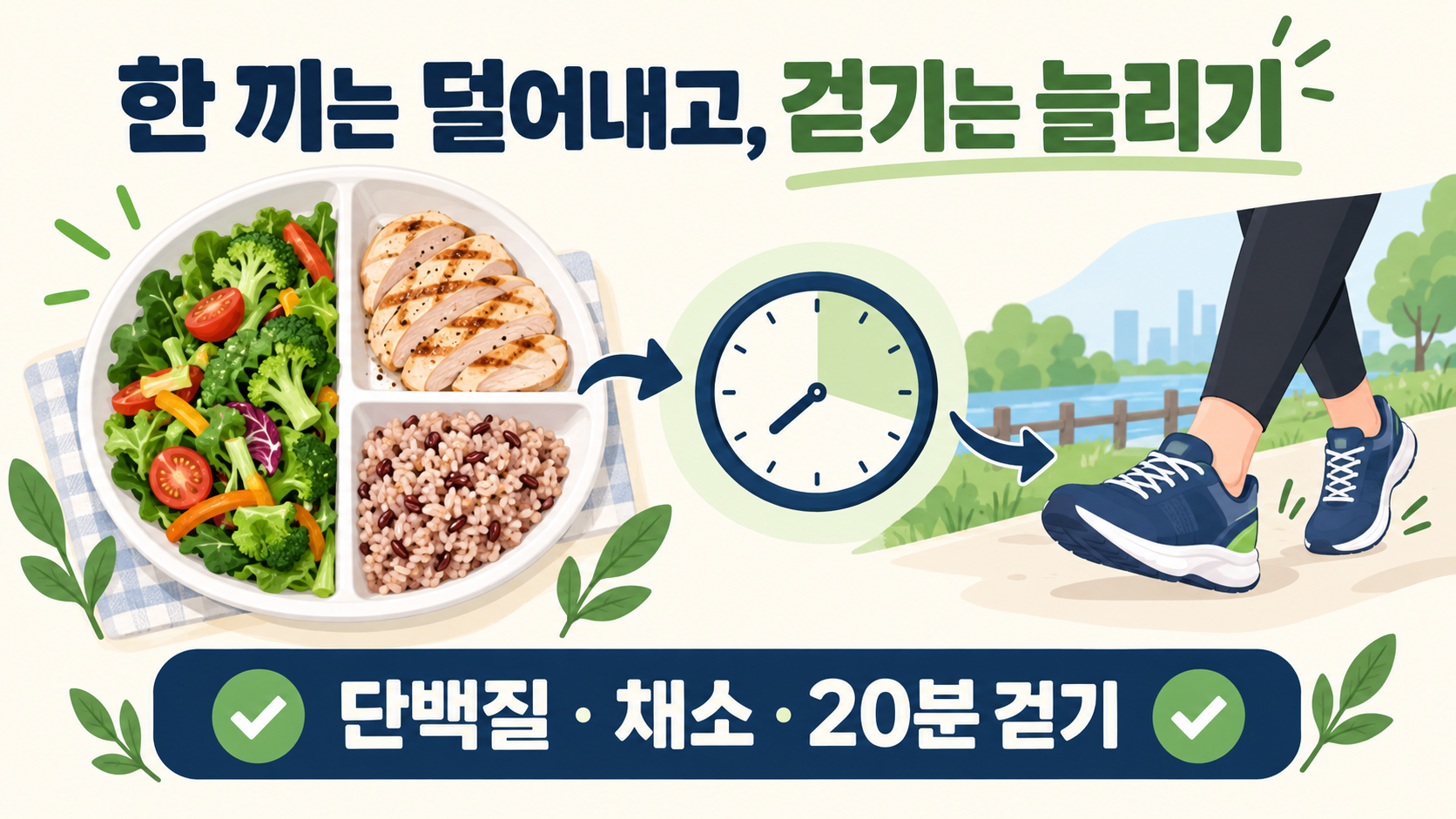 채소와 단백질 식사, 시계, 걷기 운동화를 연결한 생활습관 정보카드