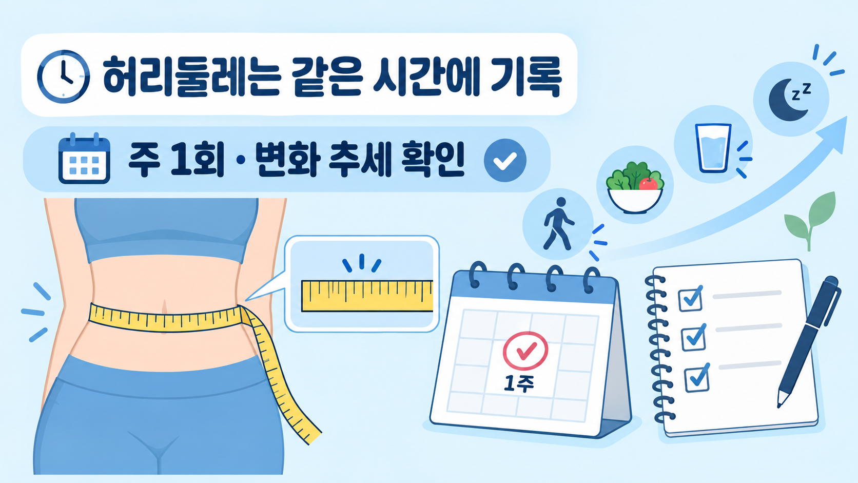 같은 시간에 허리둘레를 기록하고 주간 변화 추세를 확인하는 정보카드