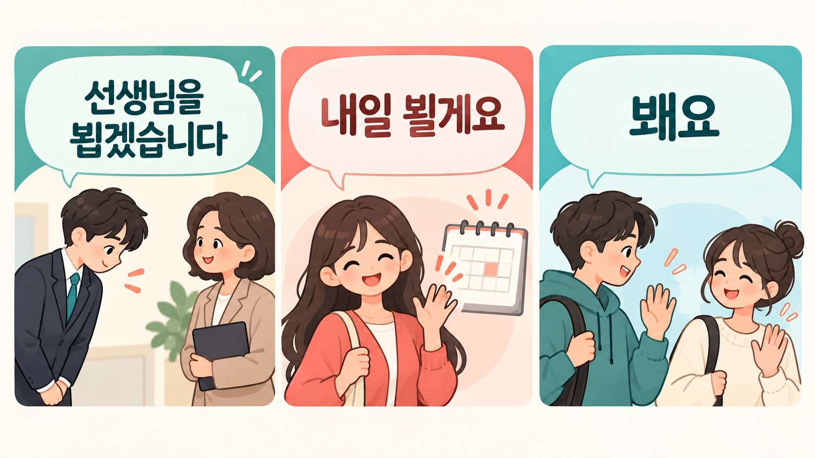뵙겠습니다와 뵐게요, 봬요를 보여 주는 높임말 예시 정보카드