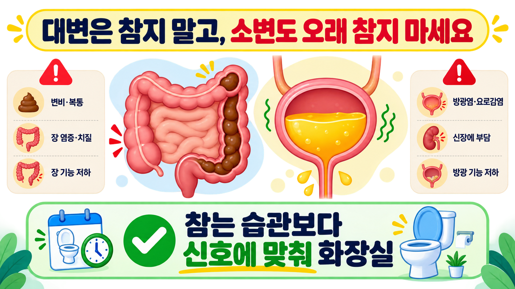 대변과 소변을 오래 참지 말아야 한다는 한국어 건강 정보 카드