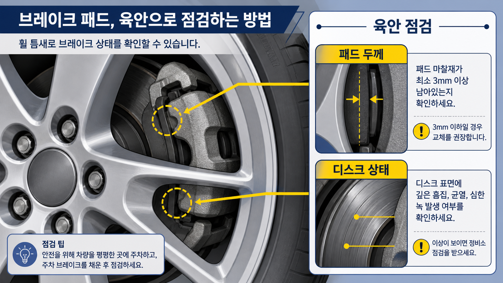 휠 틈으로 브레이크패드 두께와 디스크 상태를 확인하는 방법