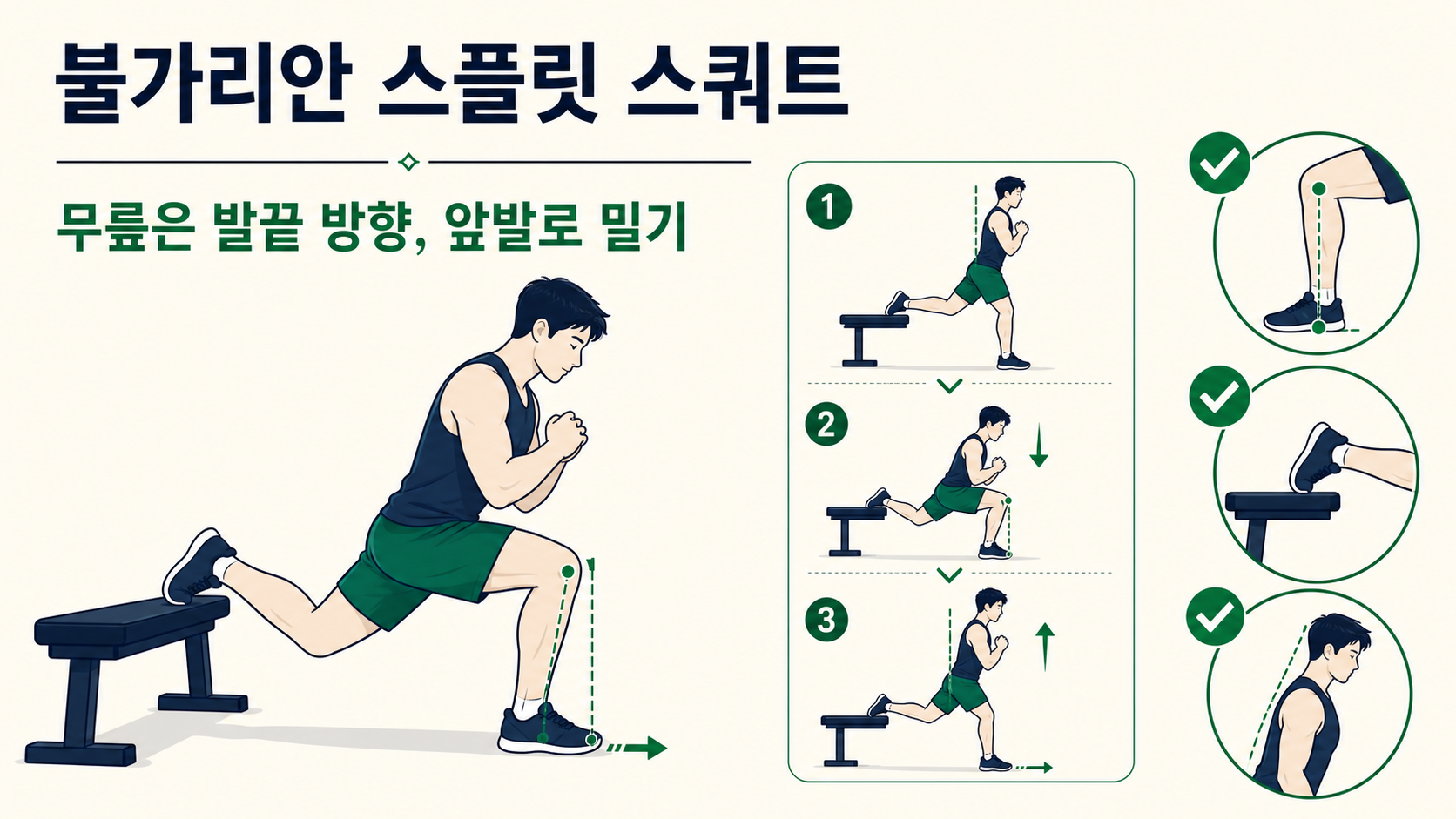 불가리안 스플릿 스쿼트 자세 핵심을 정리한 한국어 정보카드