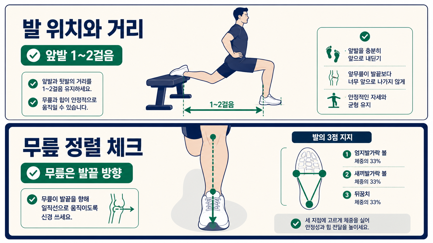 불가리안 스플릿 스쿼트의 앞발 거리와 벤치 높이 세팅을 보여 주는 안내 그림