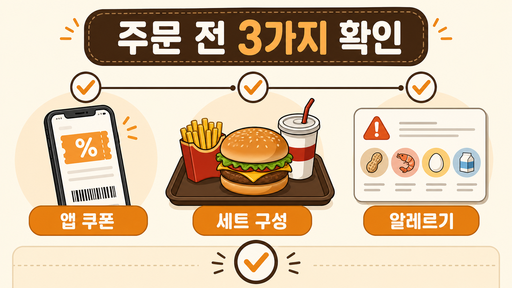 앱 쿠폰과 세트 구성, 알레르기 정보를 확인하는 주문 전 체크리스트