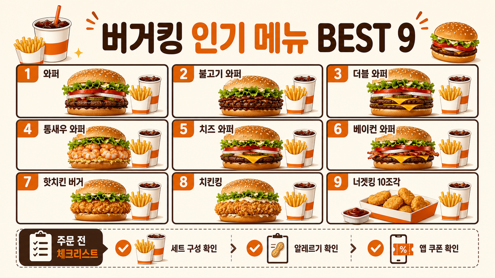 버거킹 인기 메뉴 BEST 9와 주문 전 체크리스트를 담은 정보카드
