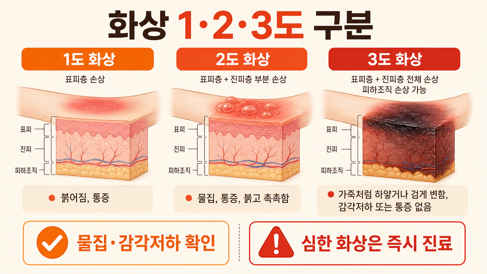 화상 1도 2도 3도 구분과 물집 감각저하 확인, 심한 화상 진료 안내 정보카드