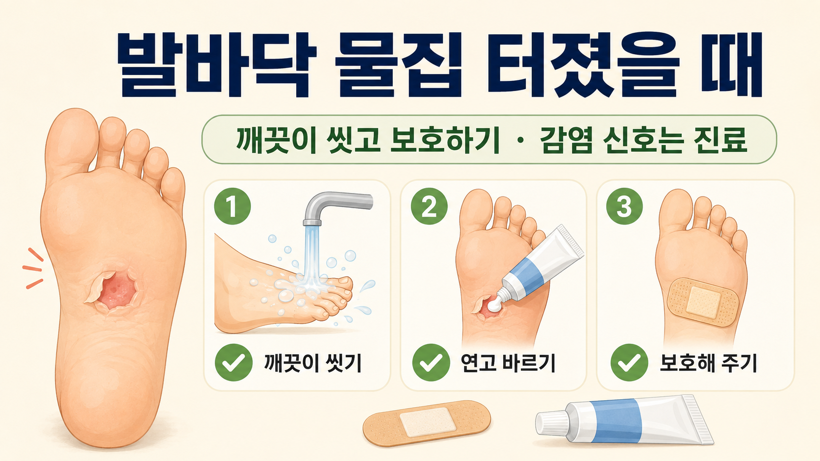 발바닥 물집이 터졌을 때 씻기, 연고 바르기, 밴드로 보호하는 순서를 보여 주는 한국어 정보카드