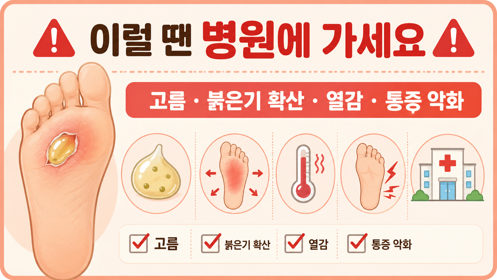발바닥 물집 감염 의심 신호와 병원 진료가 필요한 상황을 알리는 정보카드