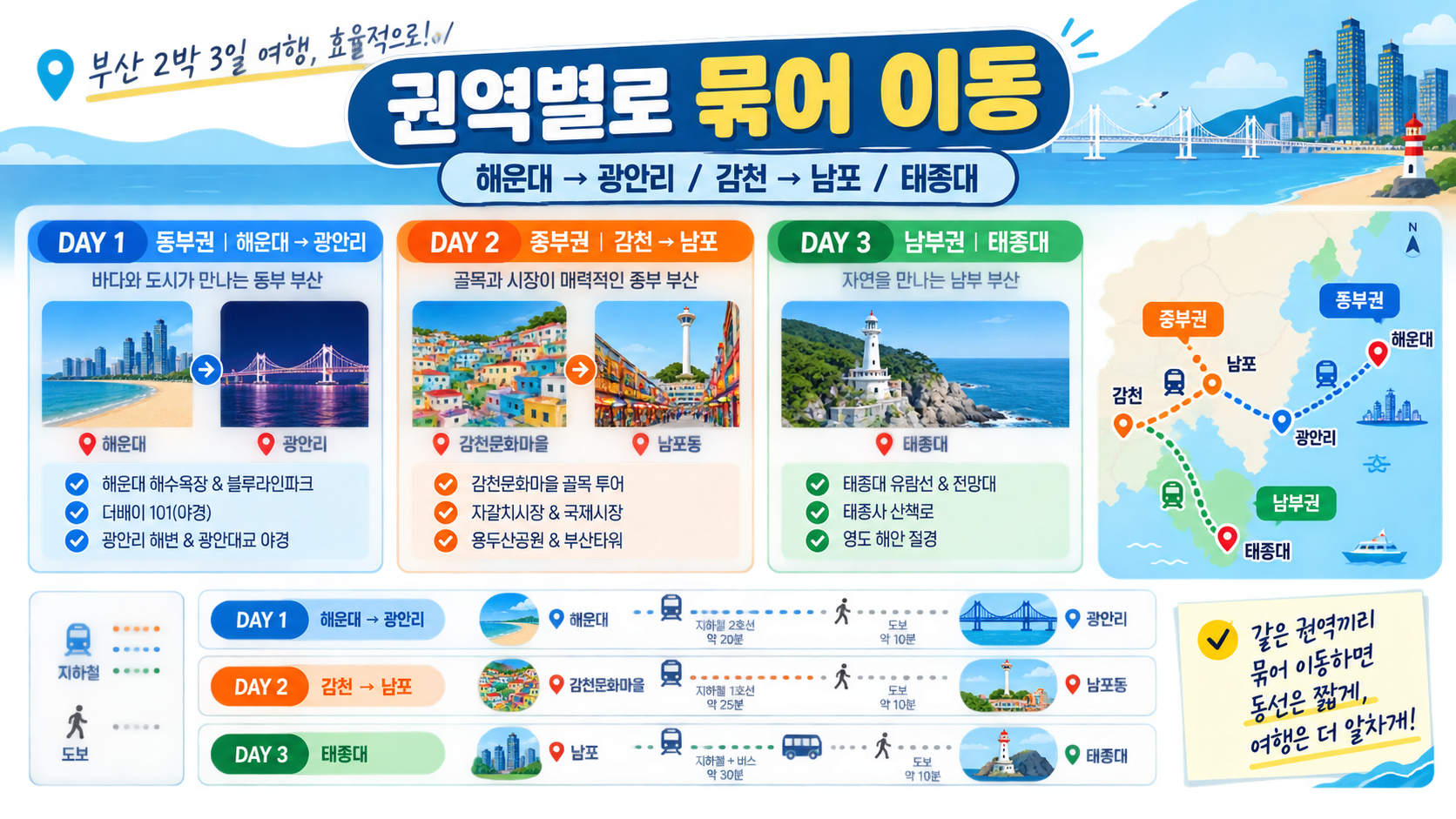 부산 여행 권역별 동선을 해운대·광안리·감천문화마을·남포동·태종대로 묶는 정보카드