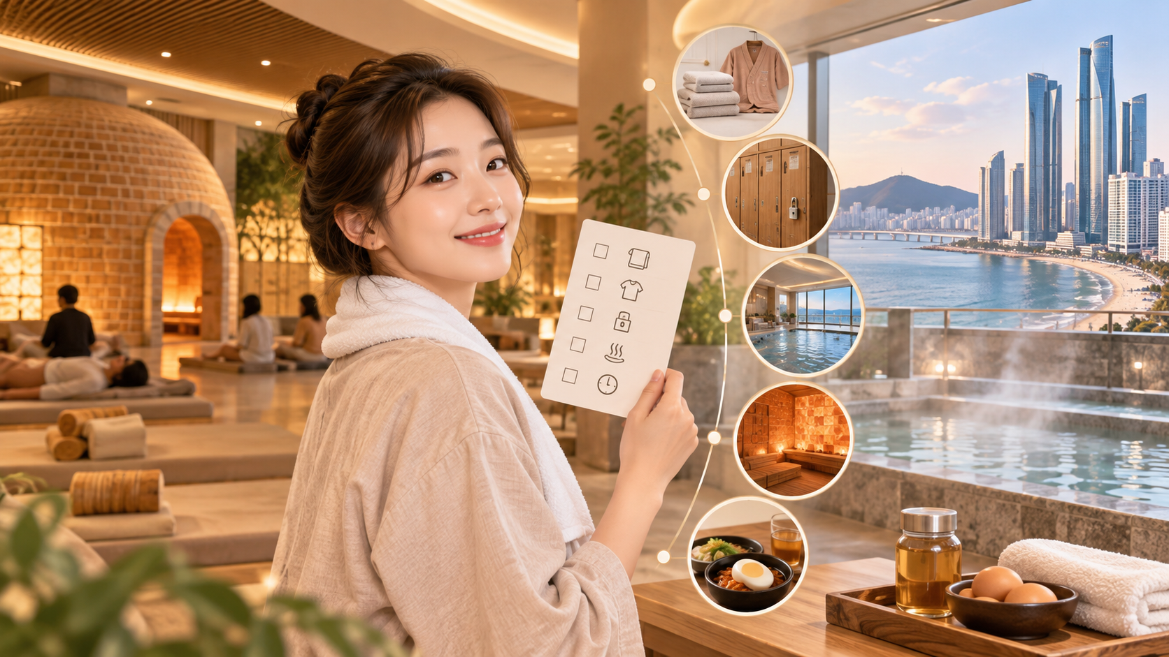 부산 해운대 센텀 찜질방 이용 전 확인할 항목을 보여 주는 한국형 정보카드