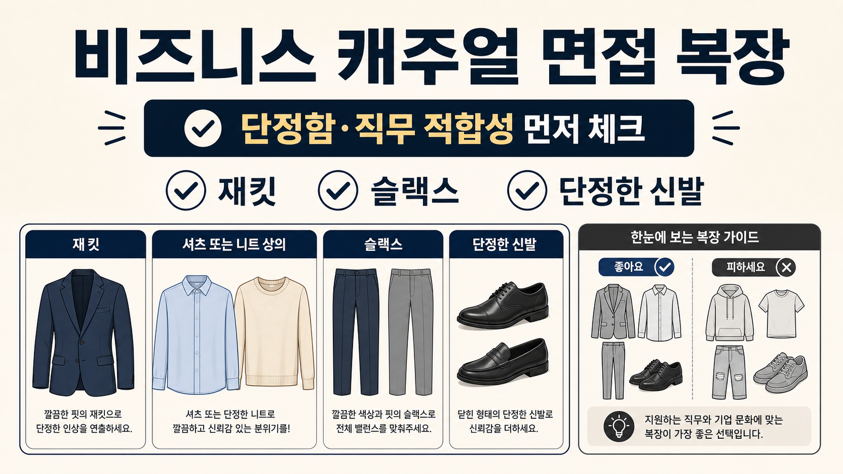 비즈니스 캐주얼 면접 복장 핵심을 정리한 16대9 한국형 정보카드