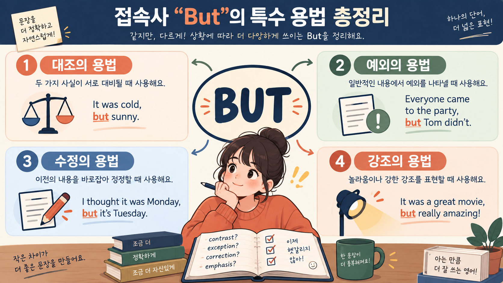 대조 예외 수정 강조로 나눈 But 특수 용법 점검 정보카드