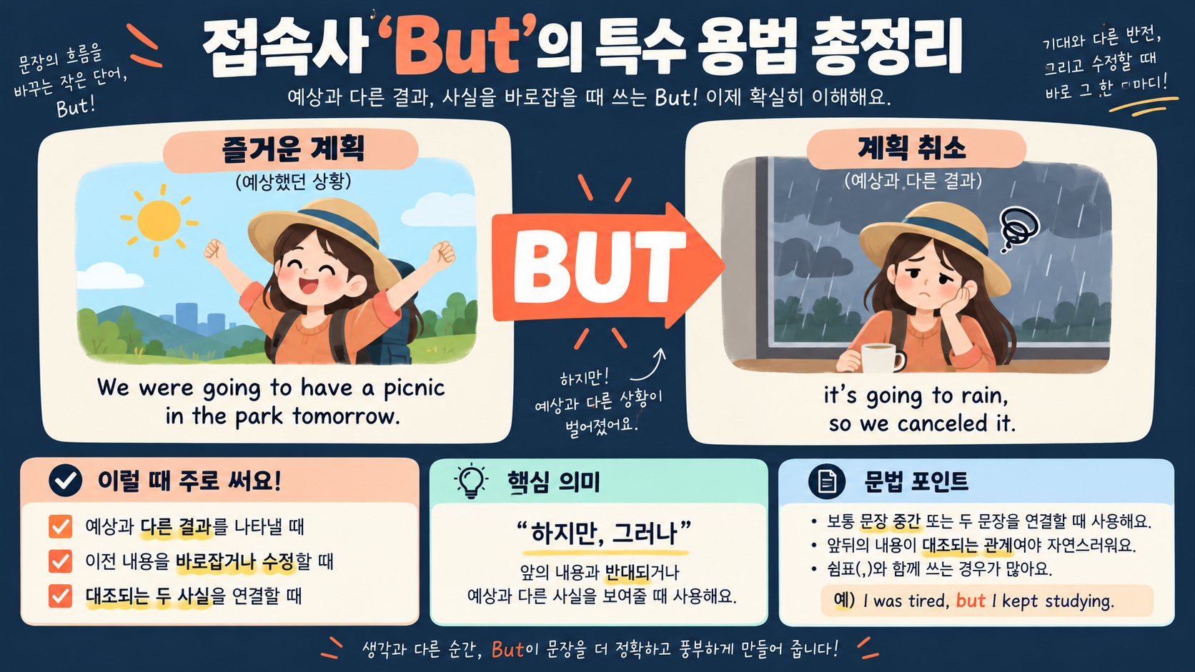 예상과 다른 결과를 But로 연결하는 영어 문법 정보카드