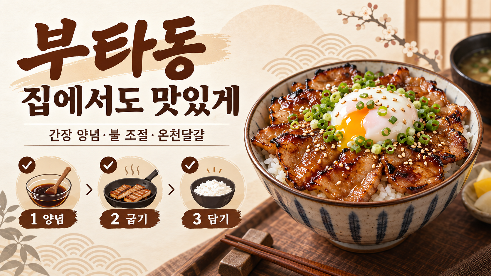 부타동을 집에서 맛있게 만드는 양념과 불 조절 정보를 담은 대표 정보 카드