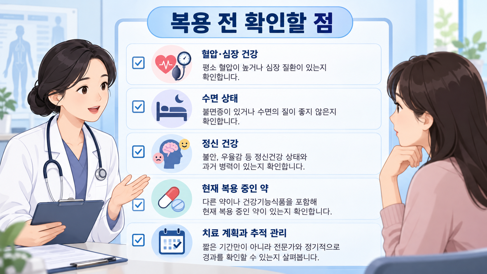 나비약 복용 전 확인 항목을 설명하는 진료 정보카드