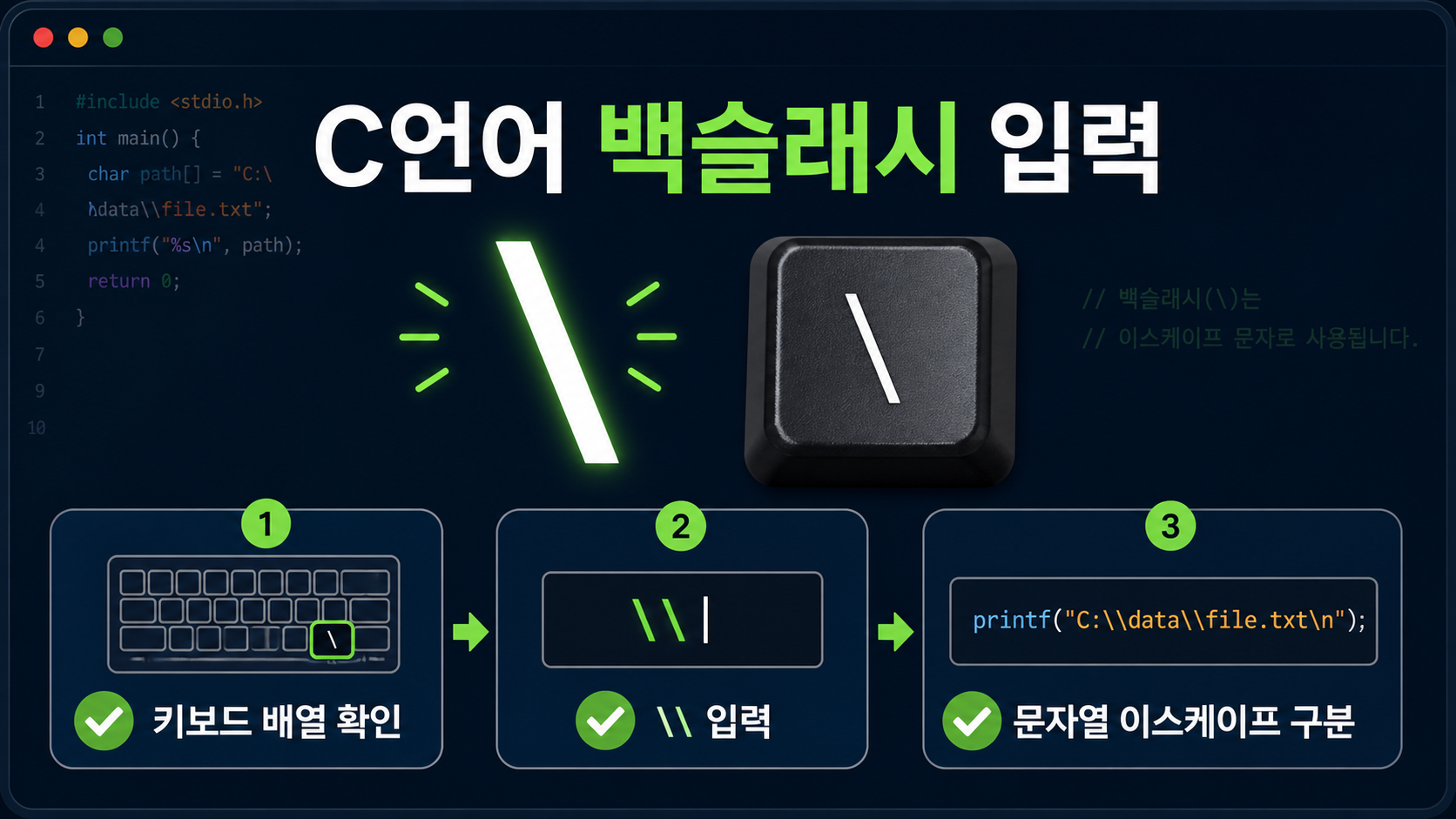 C언어 백슬래시 입력과 이스케이프 규칙을 보여 주는 한국형 정보카드