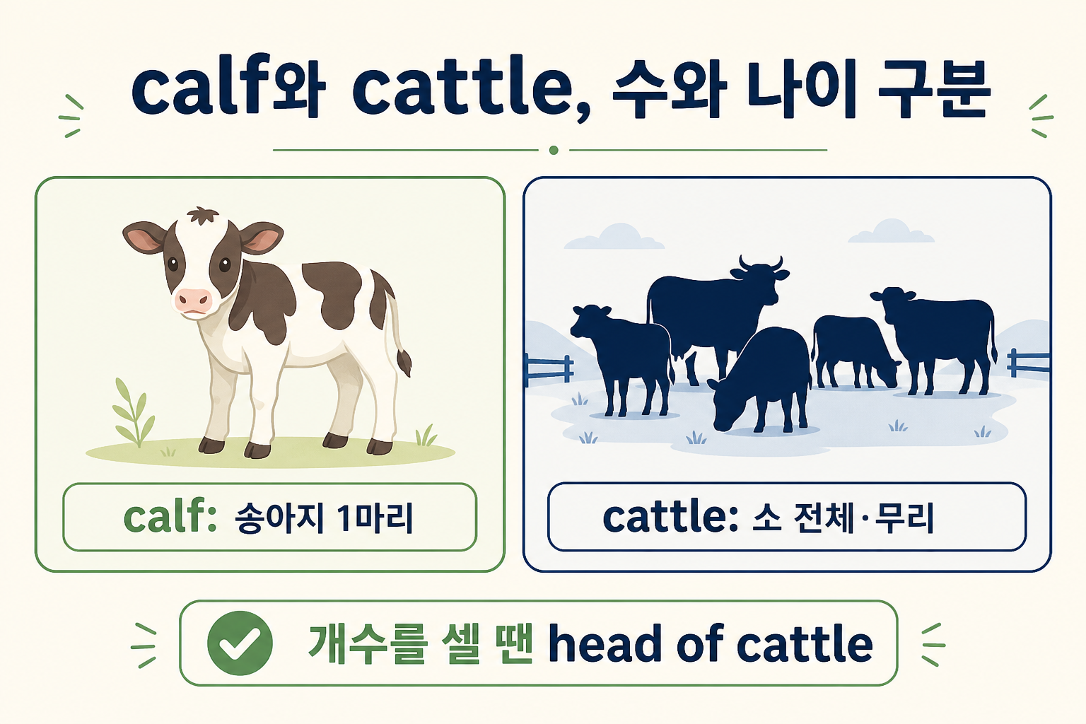 calf와 cattle의 나이·수량 차이를 보여 주는 정보 카드