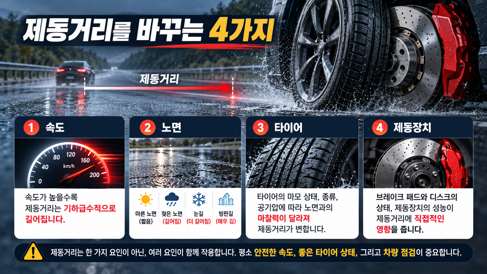 제동거리를 바꾸는 속도 노면 타이어 제동장치 한국어 정보카드