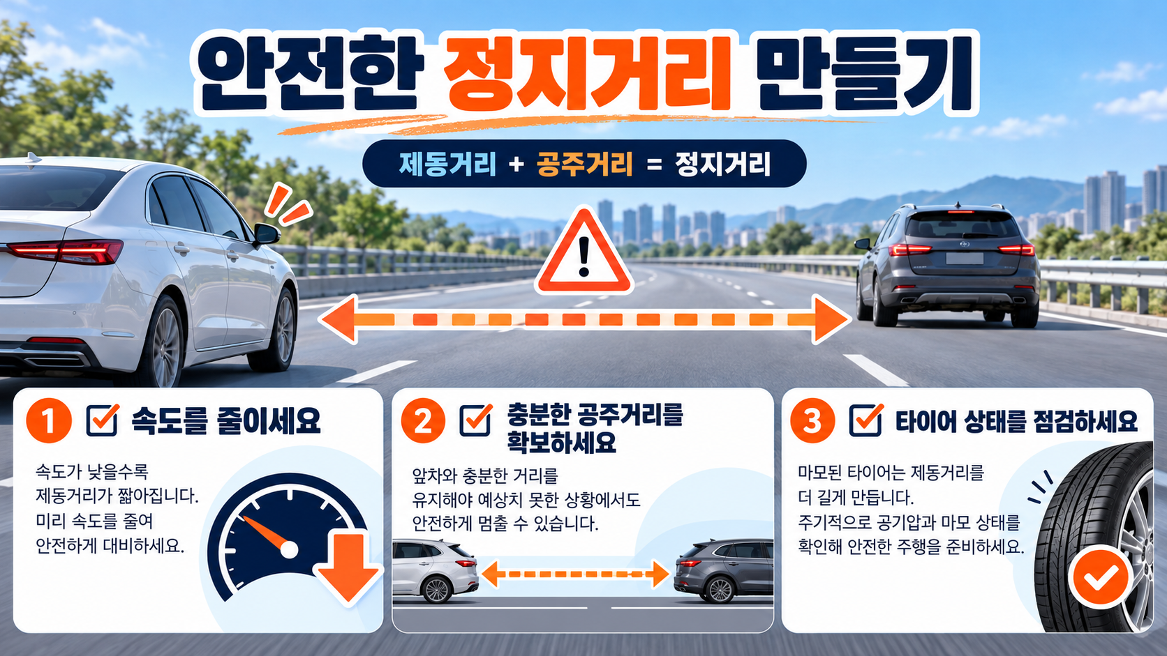 안전한 정지거리를 위한 감속 공주거리 타이어 점검 한국어 정보카드