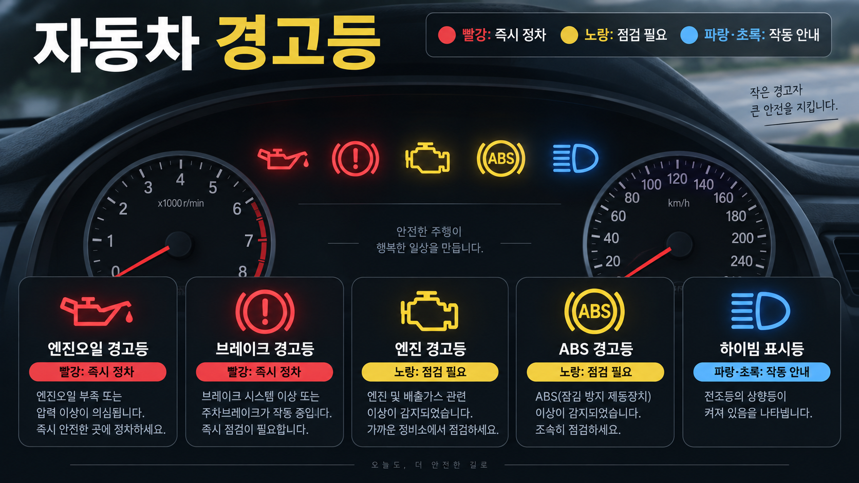 자동차 경고등 색상과 대표 기호를 보여 주는 한국형 정보카드