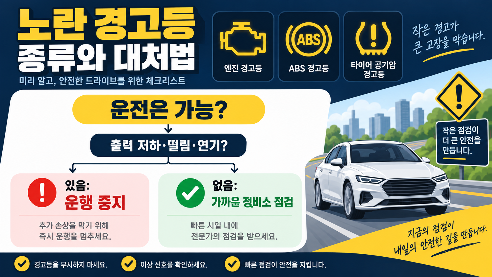 노란 자동차 경고등 점검 판단 한국형 정보카드