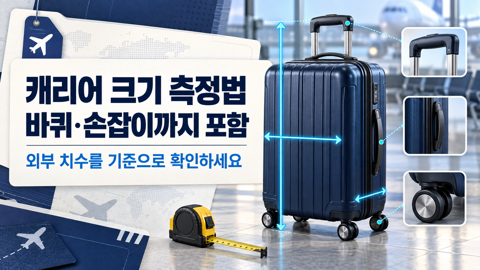 기내용 캐리어 외부 치수와 바퀴 포함 측정 방법을 보여 주는 한글 정보카드