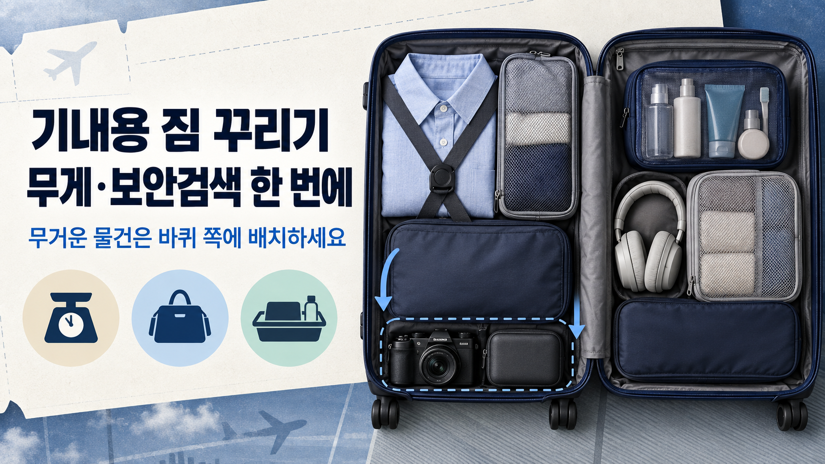 기내용 캐리어에 무게와 보안 검색 물품을 정리하는 방법을 보여 주는 한글 정보카드