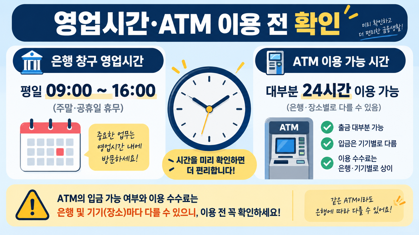 은행 창구 영업시간과 ATM 이용 전 확인 사항을 보여 주는 정보카드
