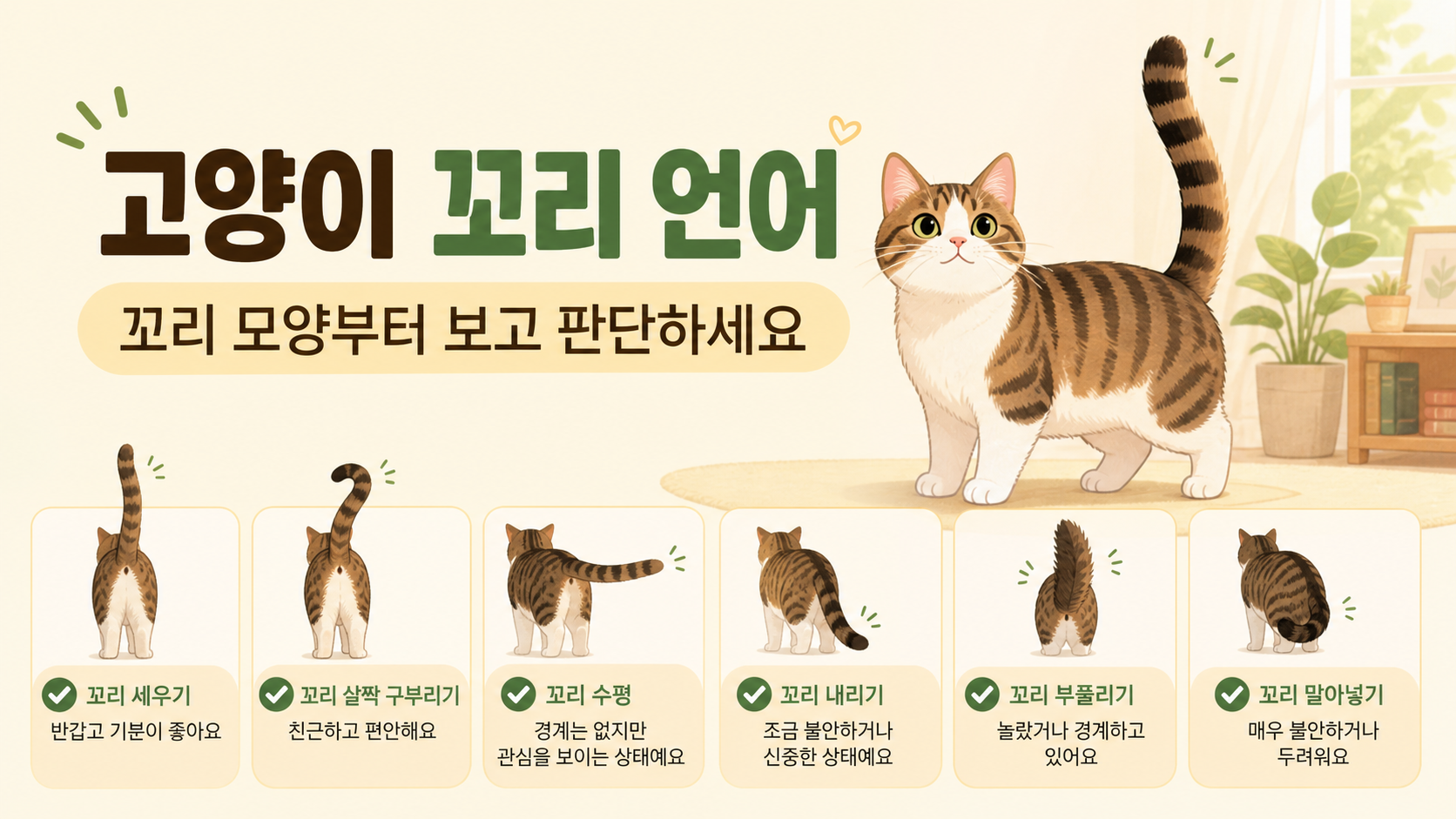 고양이 꼬리 언어와 꼬리 모양부터 보고 판단하라는 안내를 담은 한국어 정보카드